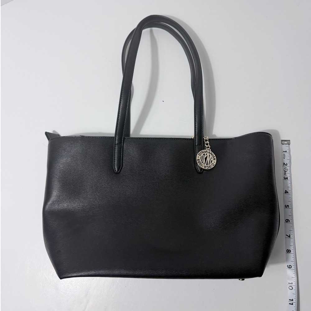 DKNY Black Textured Faux Leather Tote Bag Donna Karan Logo Charm Gold Hardware